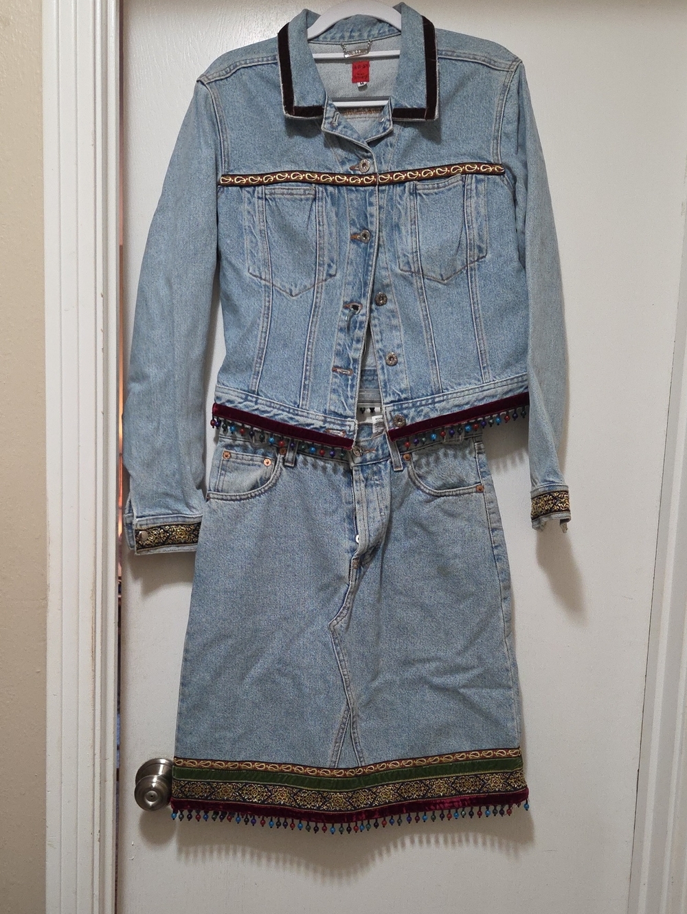 90s ABS Embellished Light Blue Denim Jacket - Women And button Up Skirt